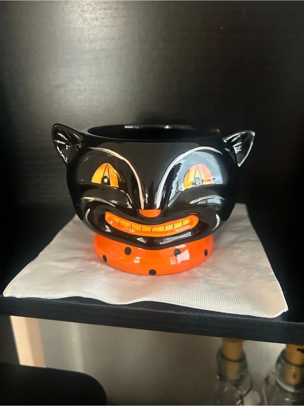 Black Cat Halloween Candy Bowl - Orange Accent